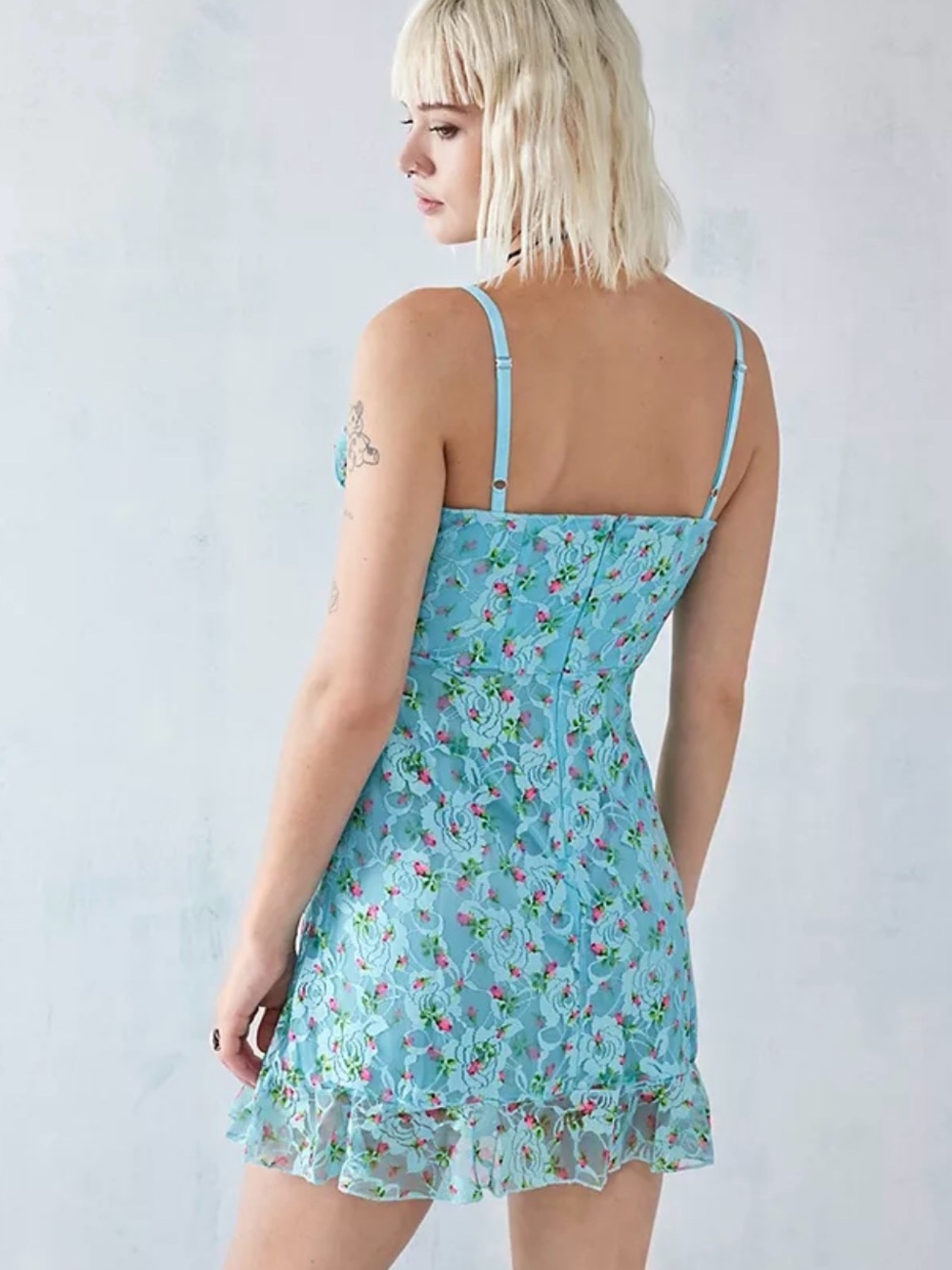 Betsey Johnson Aqua Pink Floral Lacey Mini Dress - Picture 3 of 7